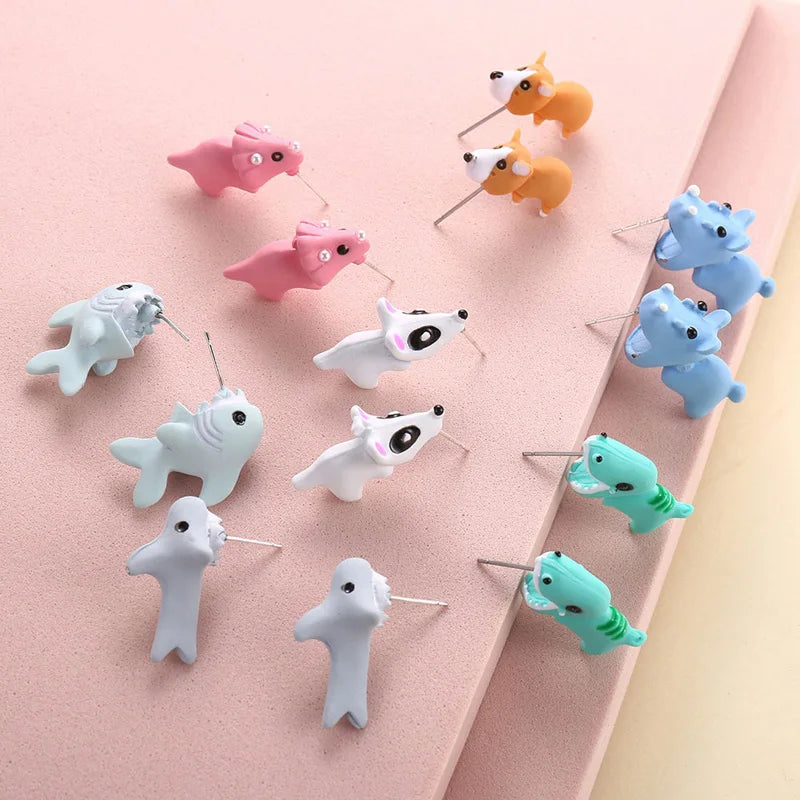 2pcs/1pair Animal Cartoon Stud Earring For Women Cute Dinosaur Little Dog Whale Clay Bite Ear Jewelry Funny Gifts Fashion