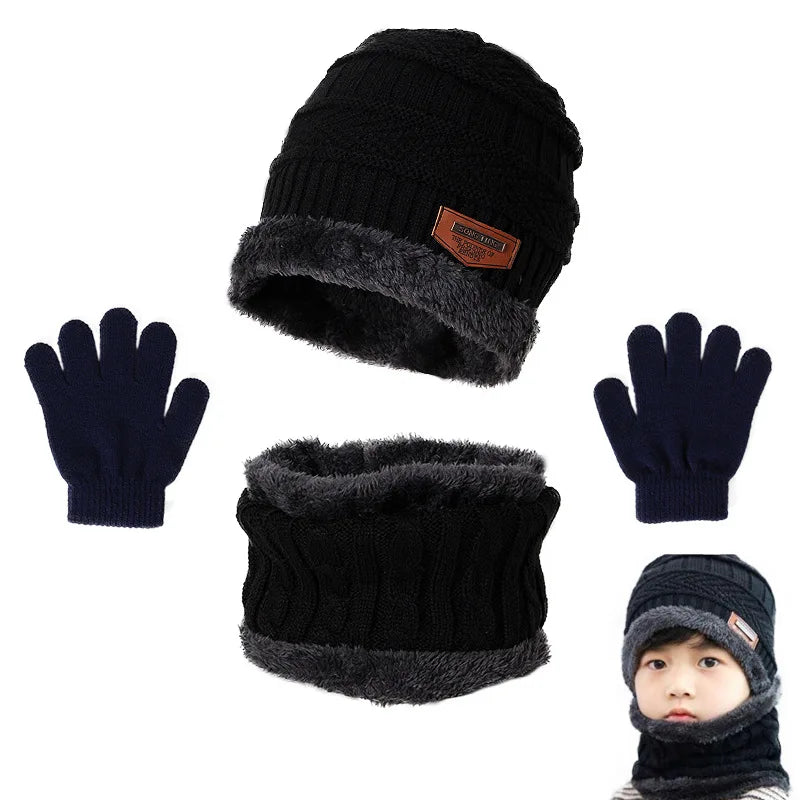 Winter Hat Scarf and Gloves Set Plush Warmer Children Knitted Hat Baby Boys Beanies Cap Neck Scarf Glove Suit For Kids Accessori-Dollar Bargains Online Shopping Australia