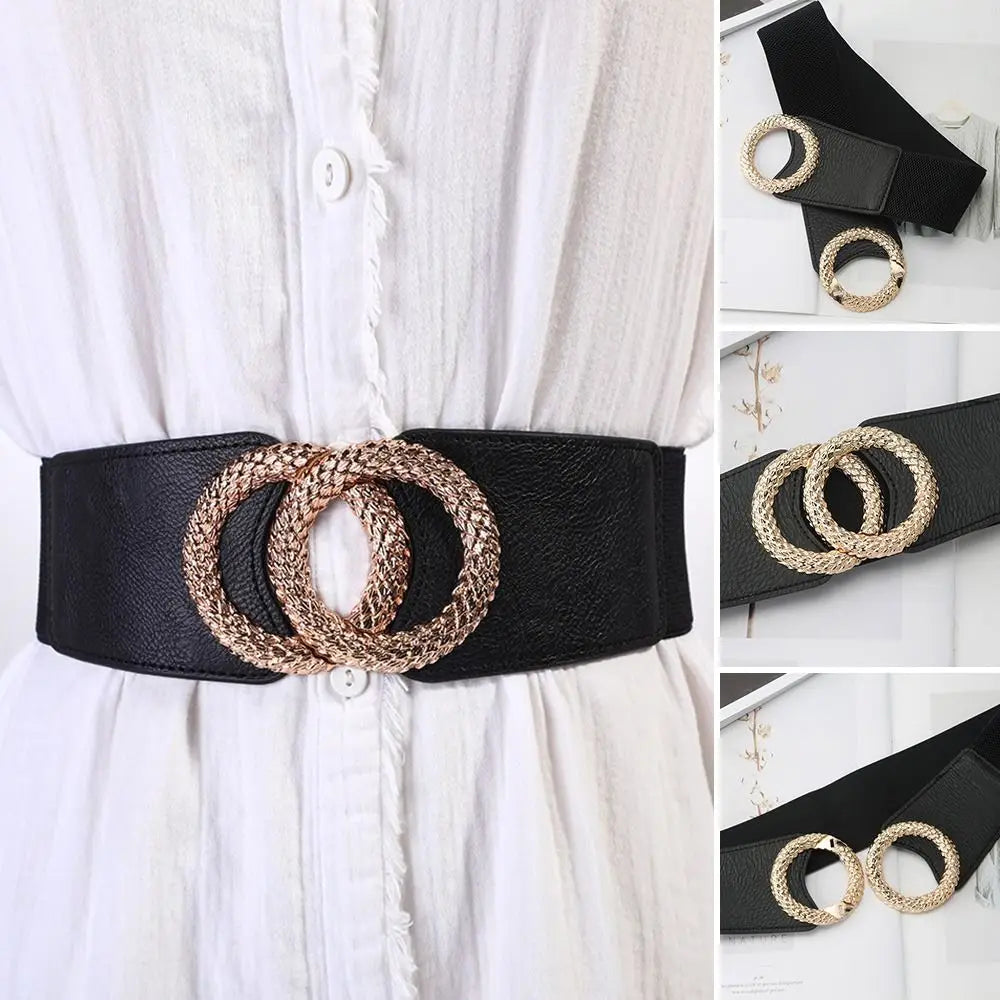 Wide Belts Decorated Elastic Leather Waistband Gold Buckle Dress Sweater Waist Belt for Woman