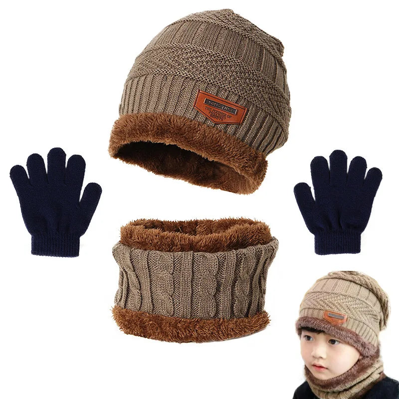 Winter Hat Scarf and Gloves Set Plush Warmer Children Knitted Hat Baby Boys Beanies Cap Neck Scarf Glove Suit For Kids Accessori-Dollar Bargains Online Shopping Australia