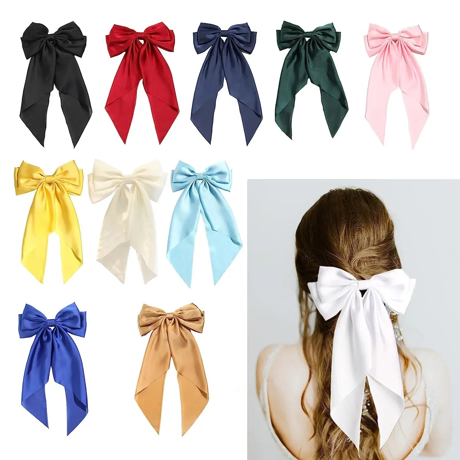 Large Satin Bow Hair Clip Women Girl Black Pink Spring Clip Hair Pin Retro Headband with Clips Hair Accessories