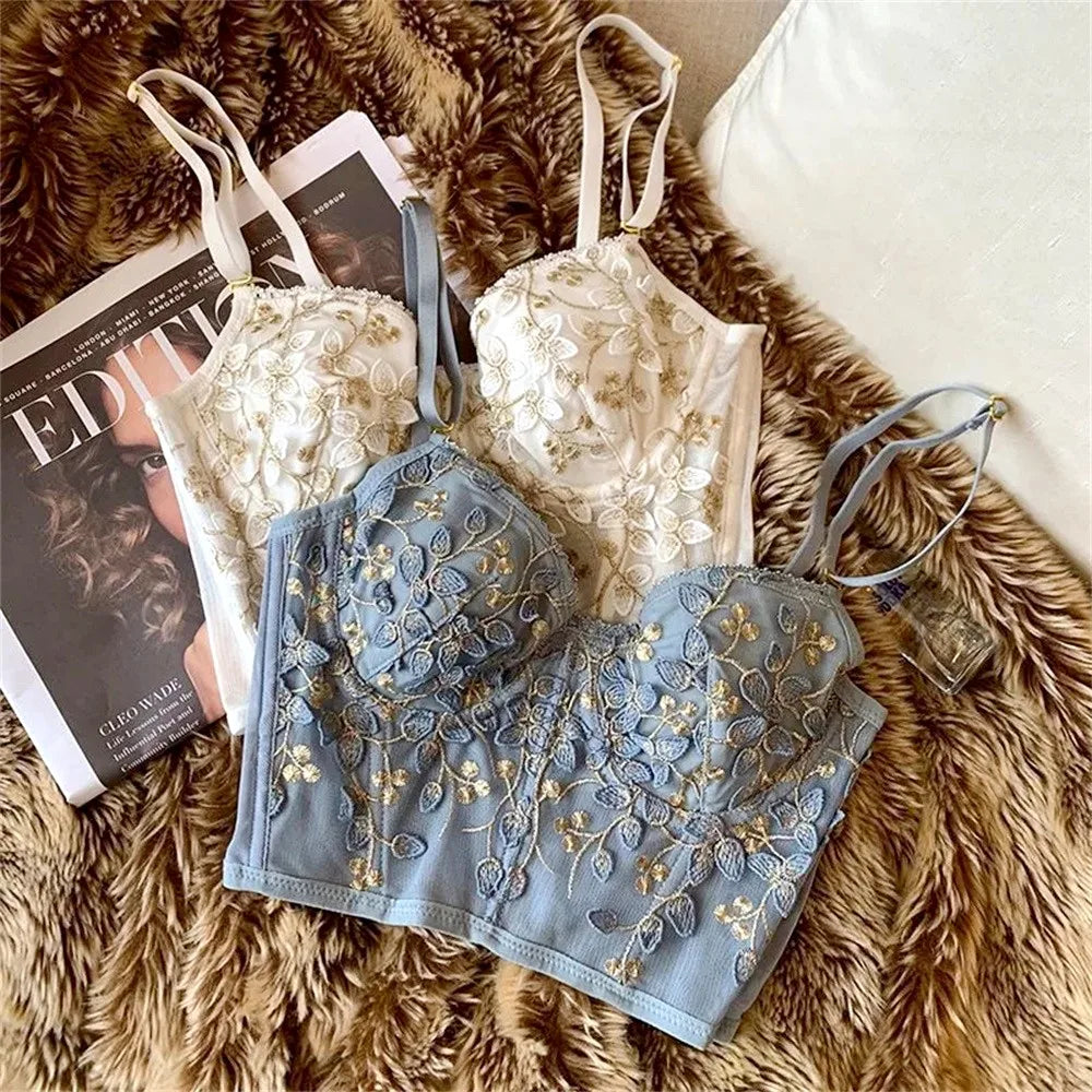 Women's Embroidered Bra Sexy Lace Flower Corset Sleeveless Widened Breasted With Steel Ring 2/1 Half Cup Bralette Underwear Tops