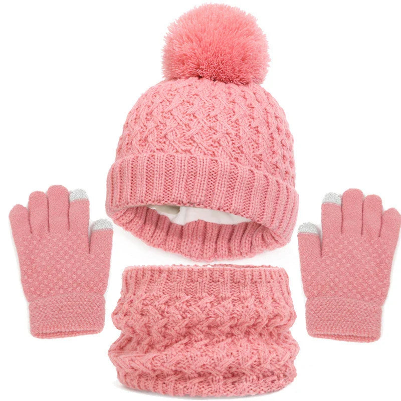Toddlers Winter Warm Suits Knitted Hat Scarf and Gloves Set Solid Thermal Suit Boys Girls Caps Set Christmas Gift Winter Outfits-Dollar Bargains Online Shopping Australia