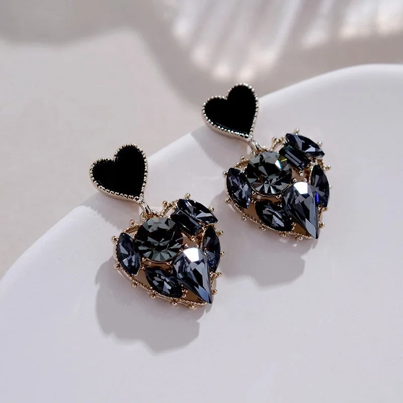 Women Black Rhinestone Love Earrings Delicate Sweet Earrings Women Party Birthday Gift Charm Jewelry Gift