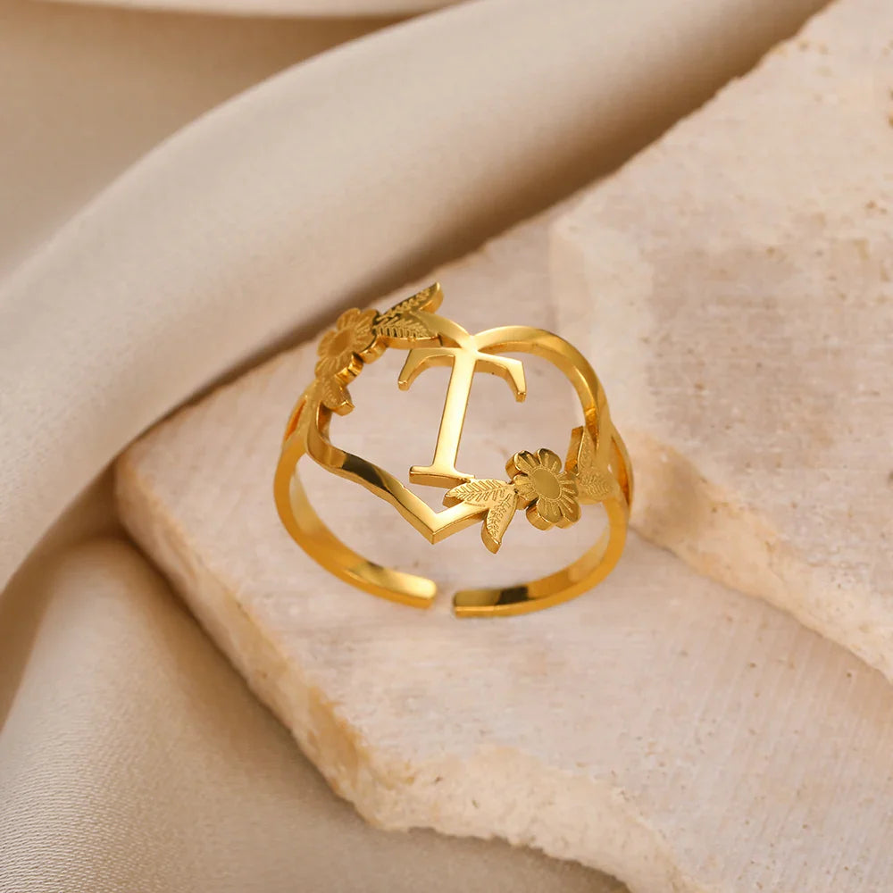 Stainless Steel Initials Flower Heart Rings Gold Color Adjustable Delicate Letter Leaf Rings For Women Girl Alphabet Jewelry-Dollar Bargains Online Shopping Australia