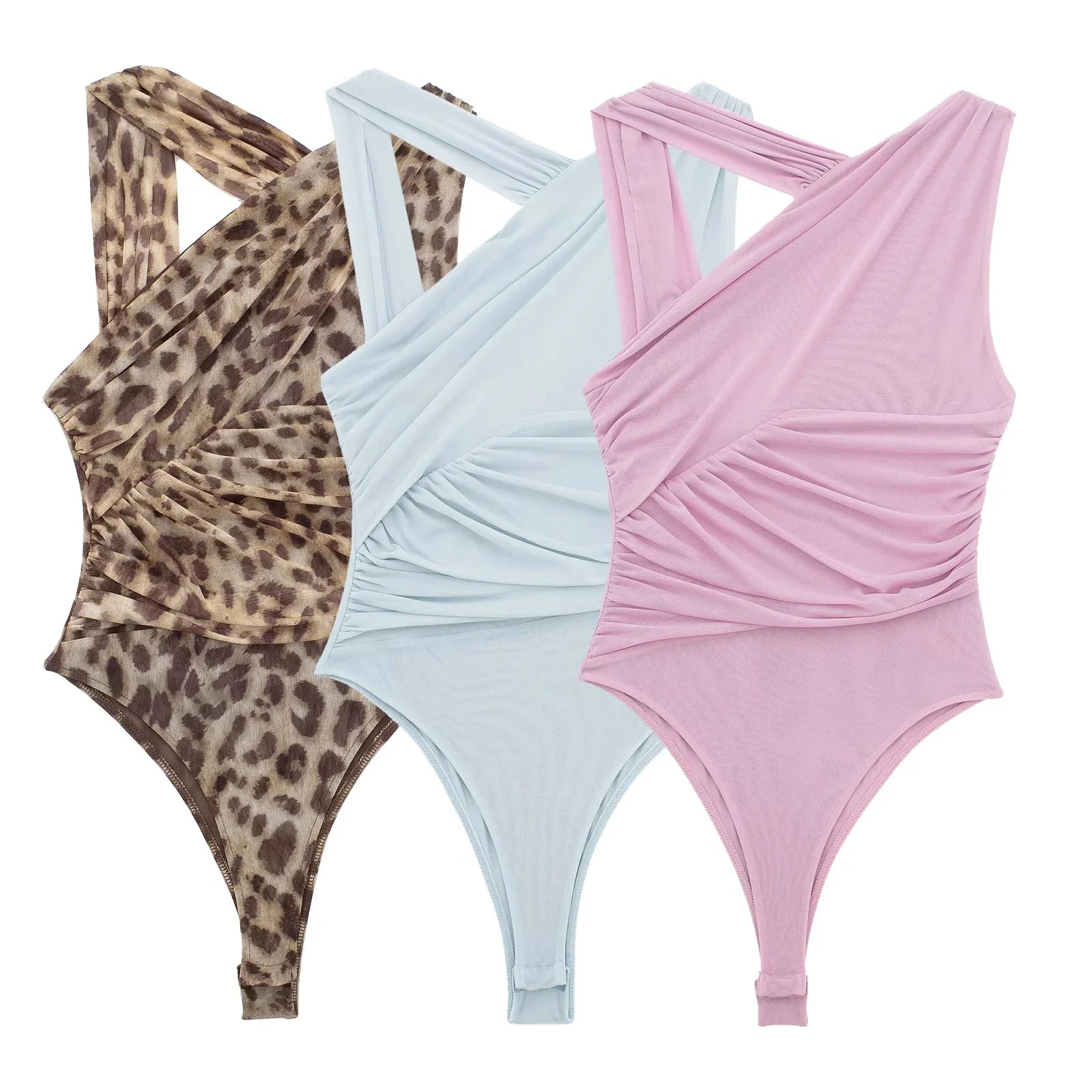 Leopard Print Mesh Bodysuits Women One-Shoulder Backless Jumpsuits Y2K Girl Party Bodysuits