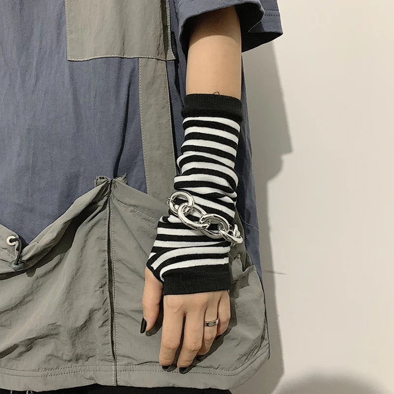 Winter Warm Long Sleeves Gloves for Man Women Fingerless Stripe Hip-Hop Knitted Elbow Mittens Elastic Outdoor Warmer Arm