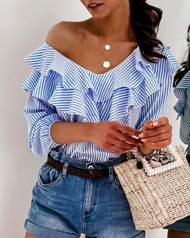 Women's Blouse Elegant Striped Plaid Off Shoulder Ruffle Long Sleeve Sexy Shirt Fashion Office Loose Casual Tops Streetwear