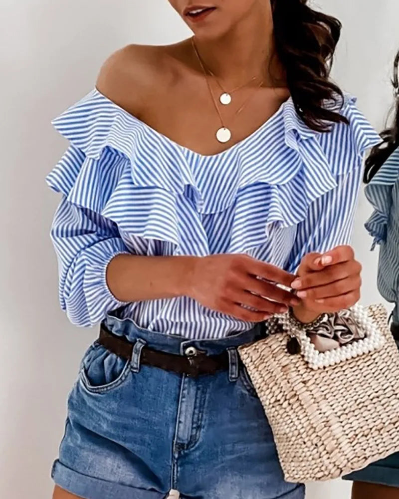 Women's Blouse Elegant Striped Plaid Off Shoulder Ruffle Long Sleeve Sexy Shirt Fashion Office Loose Casual Tops Streetwear