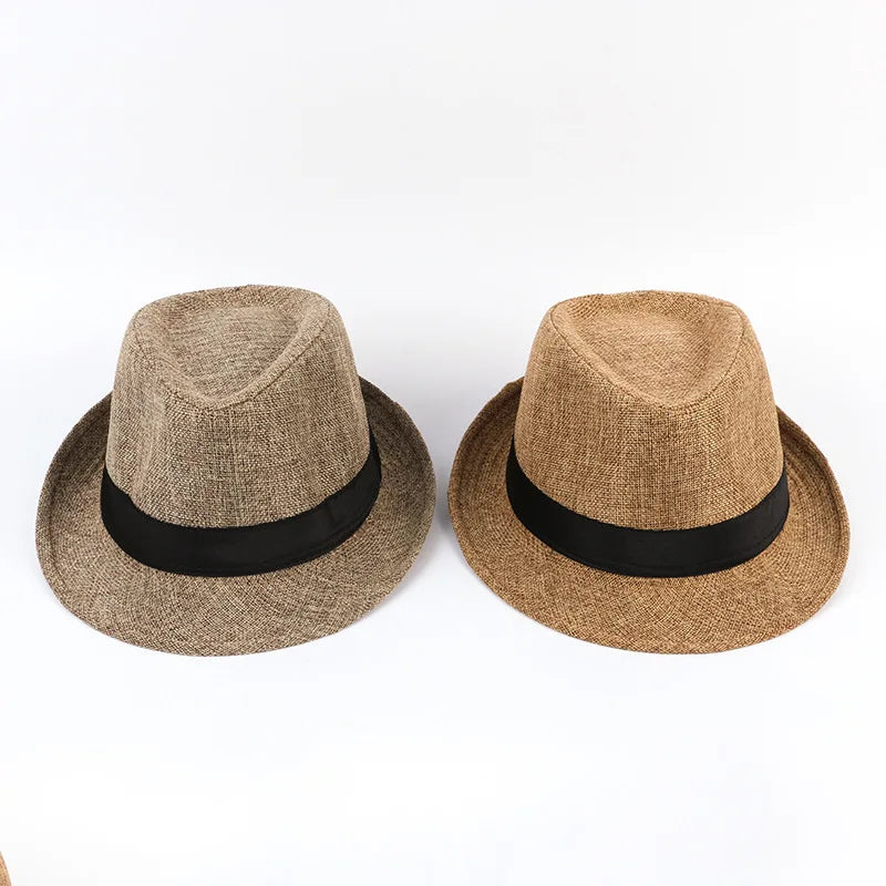 Men's Fedora Jazz Cotton Linen Solid Color Hat Summer Retro Bowler Hats Unisex Outdoor Chapeau  Bowler Hats Beach Cap