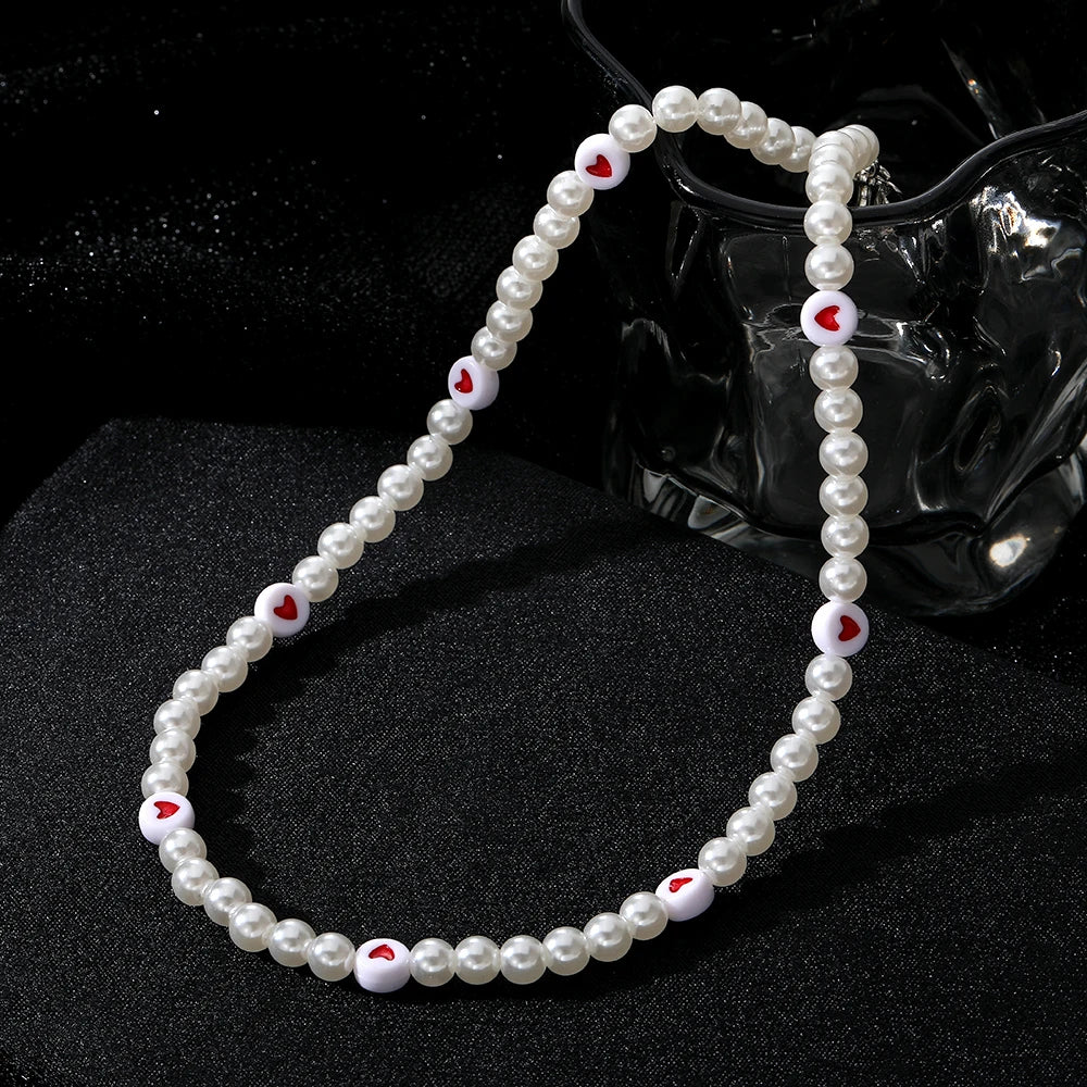 Y2K Artificial Pearls Beads Necklace for Women Girls Red Heart Pendant Cute Love Vintage Choker Necklaces Fashion Jewelry