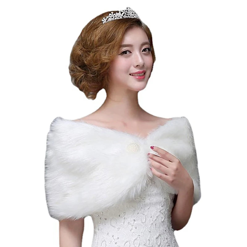 Women Bridal Wedding Cloak White Faux Fur Shawl Wrap Winter Warm Evening Party Dress Wraps Shrug Bride Jacket Coat Accessories