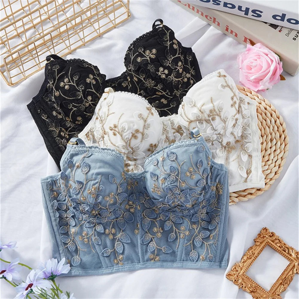 Women's Embroidered Bra Sexy Lace Flower Corset Sleeveless Widened Breasted With Steel Ring 2/1 Half Cup Bralette Underwear Tops