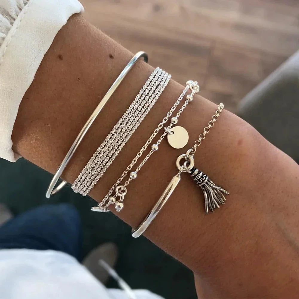 4pcs Punk Curb Cuban Chain Bracelets Set for Women Simple Thick Gold Color Charm Bracelets Fashion Jewelry Accessories New-Dollar Bargains Online Shopping Australia