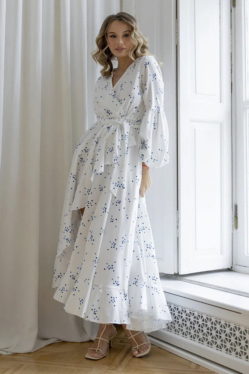 Boho Polka Dot Summer Beach Dress Elegant Lined Long Sleeve White Dres Boho Polka Dot Summer Beach Dress Elegant Lined Long Sleeve White Dres