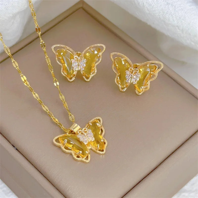 Micro-inlaid Butterfly Necklace Earrings Set Classic Light Luxury Transparent Stainless Steel-Dollar Bargains Online Shopping Australia