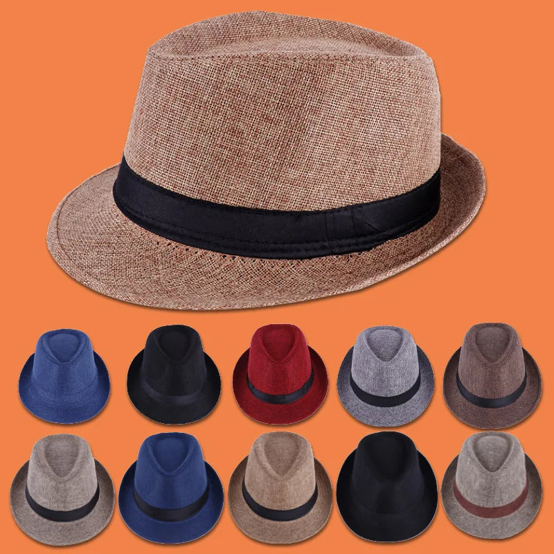 Men's Fedora Jazz Cotton Linen Solid Color Hat Summer Retro Bowler Hats Unisex Outdoor Chapeau  Bowler Hats Beach Cap