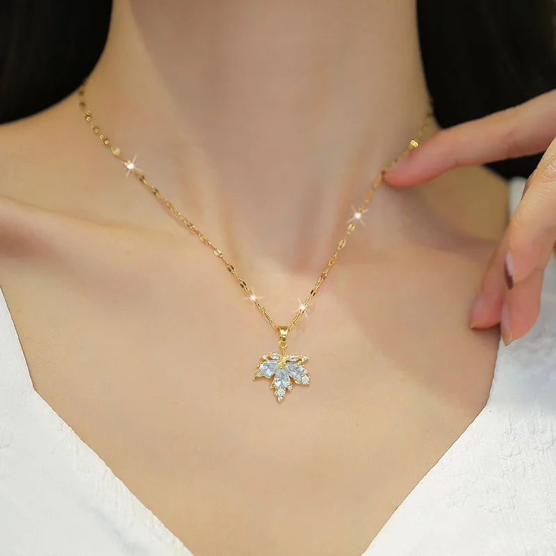 Fashion Micro-inlaid Necklace Earring Set Light Luxury Maple Leaf Personality Temperament Banquet Earrings Clavicle Chain-Dollar Bargains Online Shopping Australia