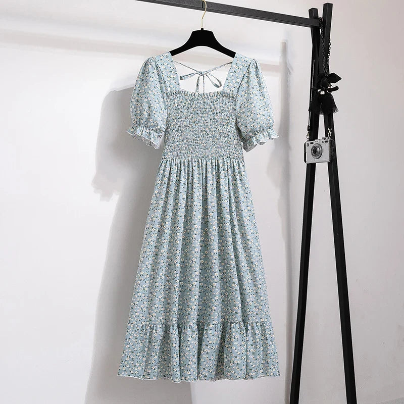 Chiffon Dresses Fashion Female Elastic Waist Short Sleeve Pleated Casual Dress Women A-line Dresses-Dollar Bargains Online Shopping Australia
