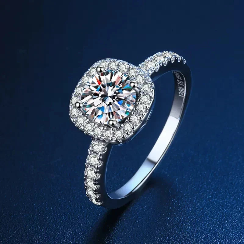 Moissanite Sterling Silver Ring For Women Square Round Brilliant Diamond Finger Band Wedding Jewelry Gift