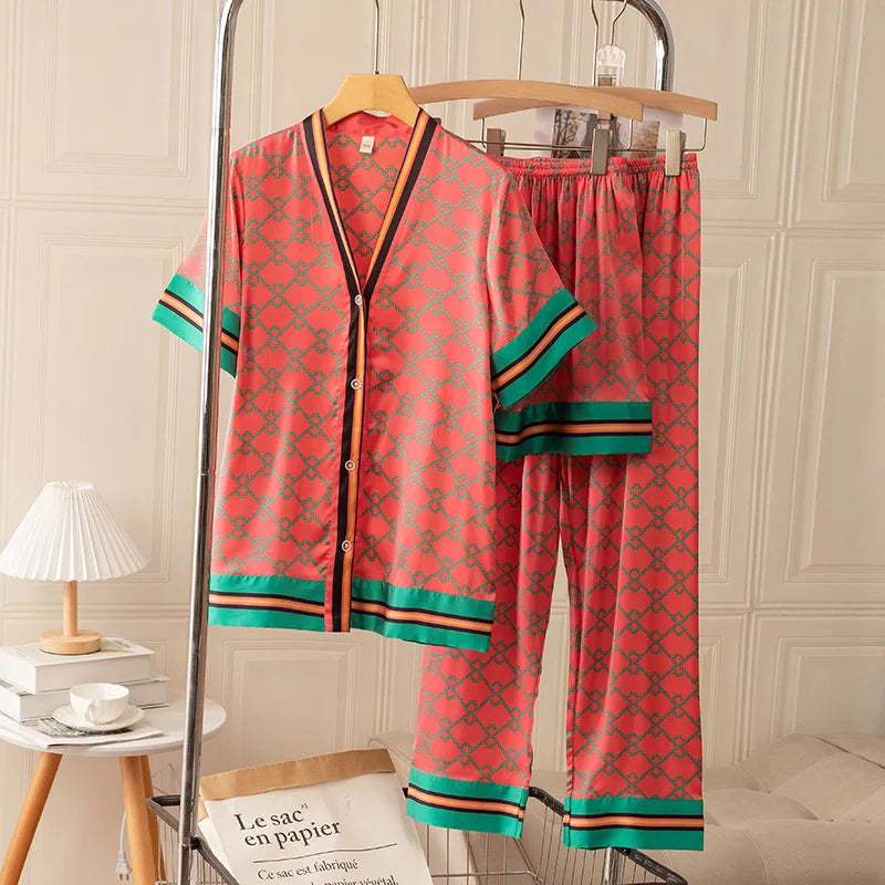 Long Sleeved Women Pajamas Set Ice Silk Printed Fashion Pyjamas-Dollar Bargains Online Shopping Australia