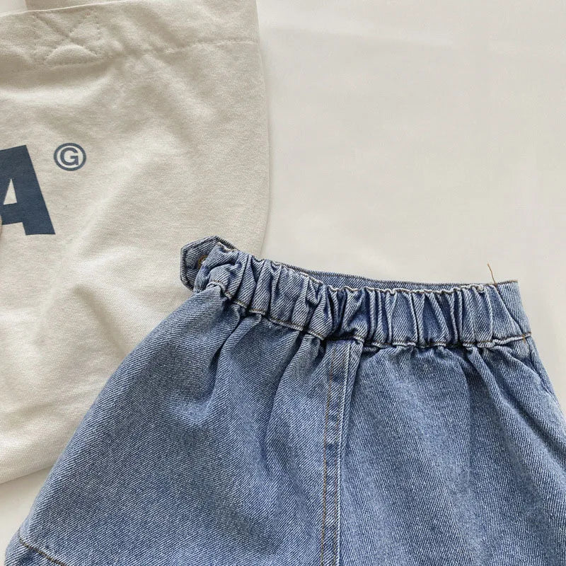 Summer Kids Girl Skirt Shorts Solid Elastic Waist Button Soft Denim Culotte Children Versatile Clothing-Dollar Bargains Online Shopping Australia