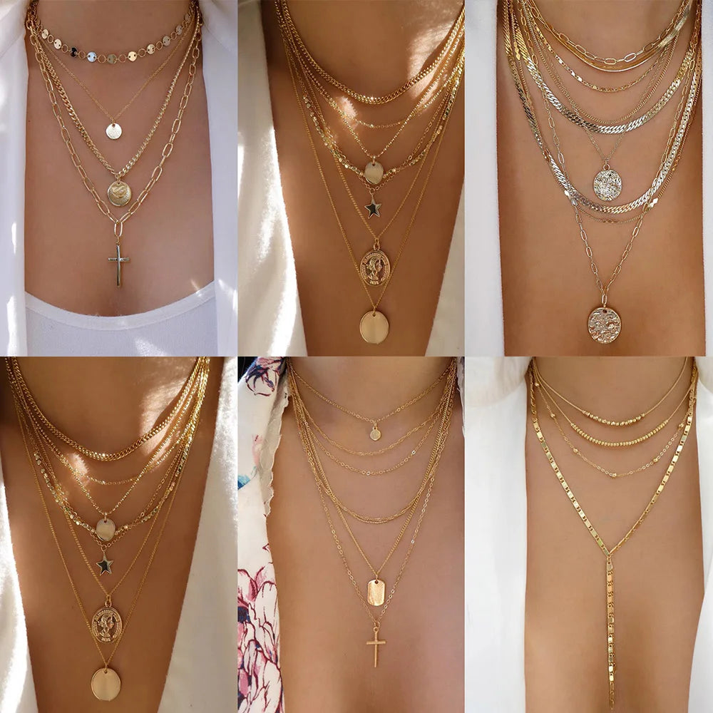 Bohemia Gold Color Multiple Styles Necklace For Women Trendy Multi-Layer Crystal Pendant Necklaces Set Jewelry Gifts