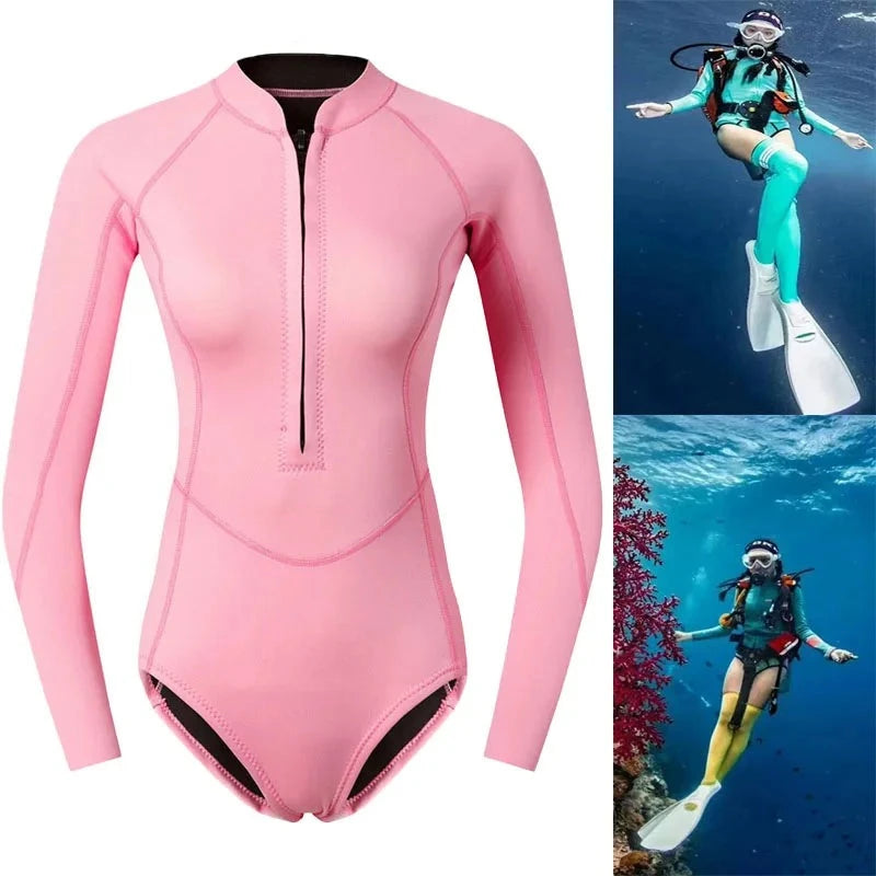 Woman Diver Diving Suit 2mm Neoprene Diving Equipment Pink Long Sleeve Bikini Swimsuit Women