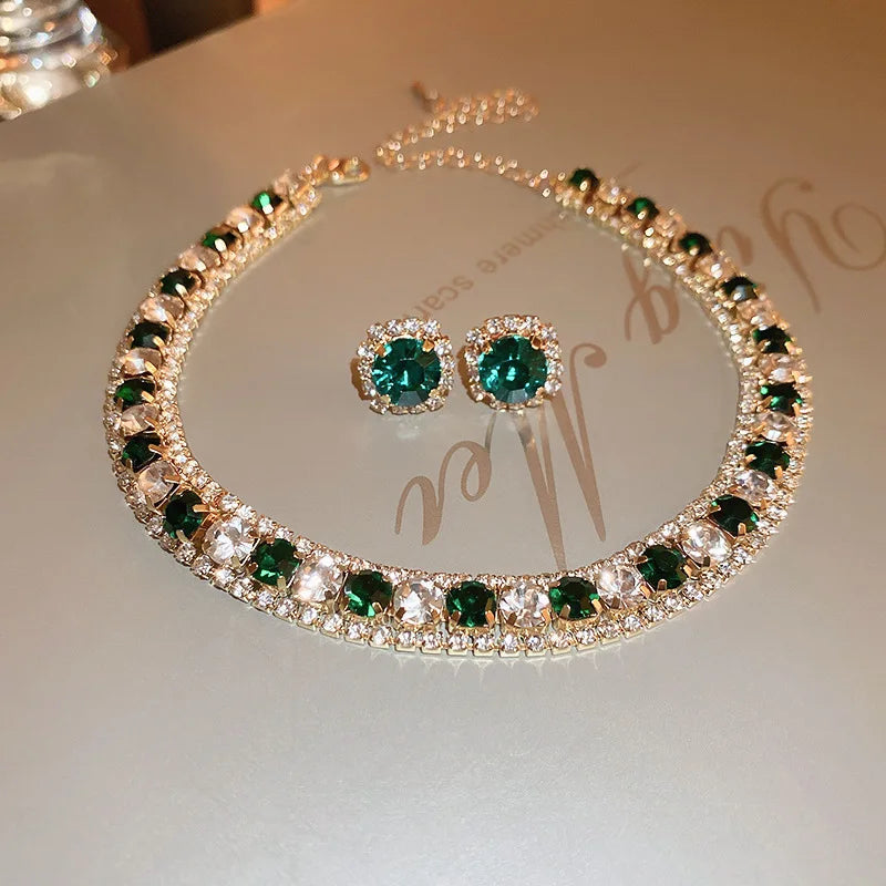 FYUAN Luxury Crystal Necklace Earrings Set Pink ABcolourful Necklace for Women Weddings Party Jewelry Sets Accessories-Dollar Bargains Online Shopping Australia