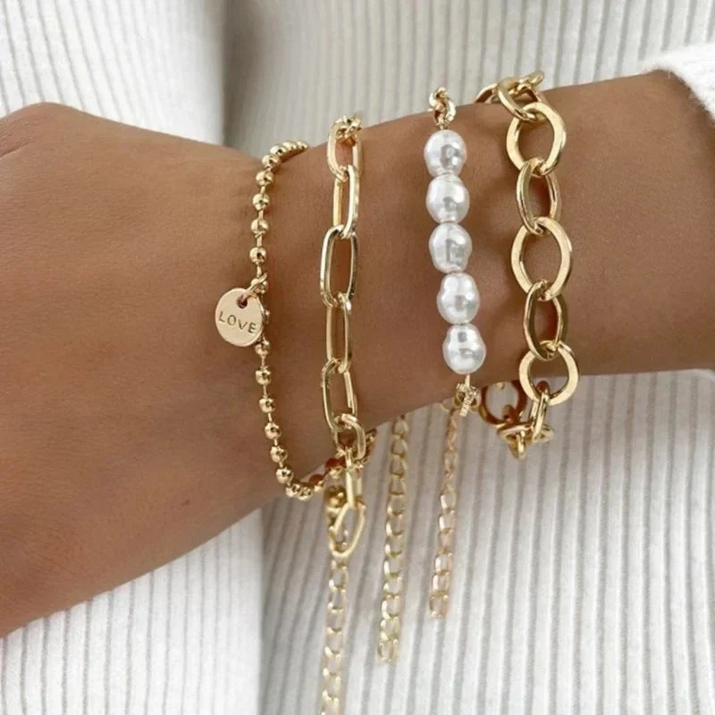 4pcs Punk Curb Cuban Chain Bracelets Set for Women Simple Thick Gold Color Charm Bracelets Fashion Jewelry Accessories New-Dollar Bargains Online Shopping Australia
