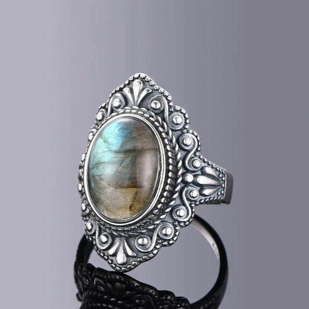 Oval Natural Labradorite Rings Women Men 925 Sterling Silver Ring Finger Ring Retro Gemstone Rings Jewelry Party Gift