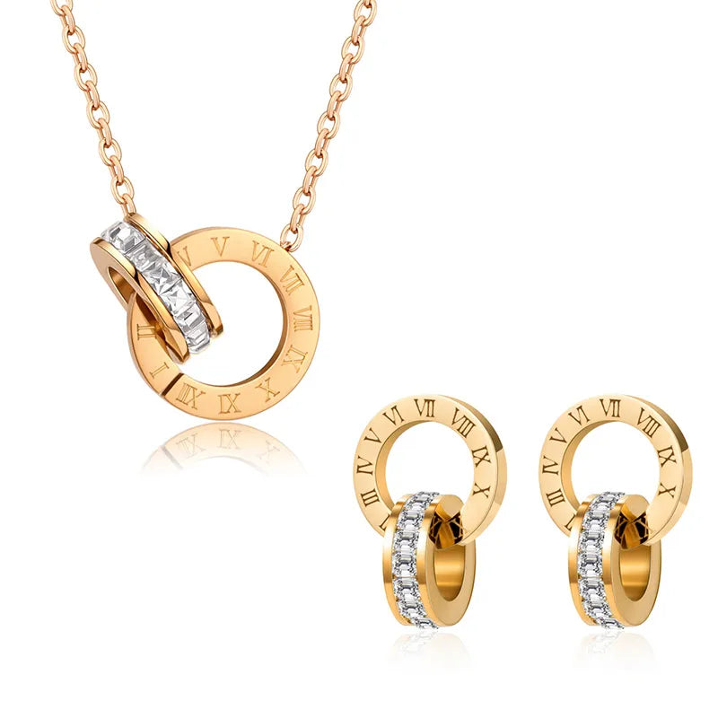PAXA Classic Roman Numeral Crystal Stainless Steel Earrings Necklace for Women Luxury Elegant Fashion Wedding Party Jewelry Gift-Dollar Bargains Online Shopping Australia