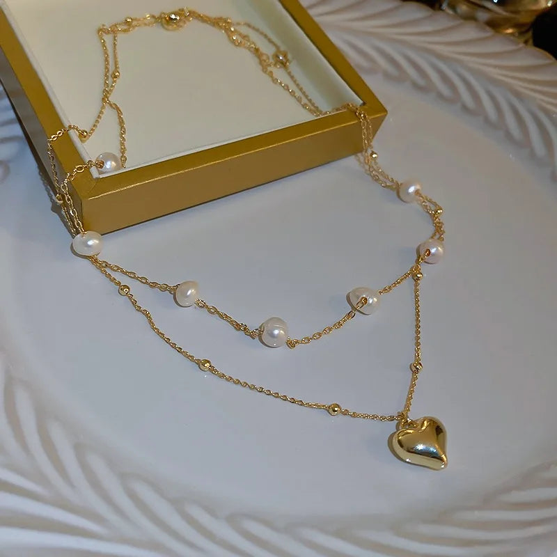 Exquisite Double-layer Pearl Love Pendant Necklace Women Jewelry Wedding Party