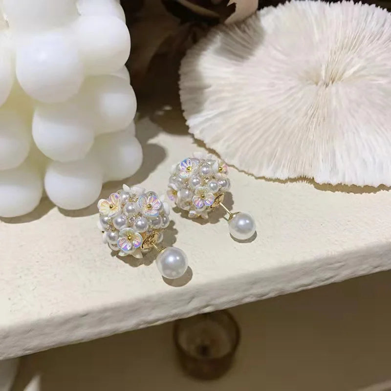 White Shell Flower Pearl Stud Earrings For Women Ball Double Side Elegant Earrings set Exquisite Vintage Fashion Jewelry-Dollar Bargains Online Shopping Australia