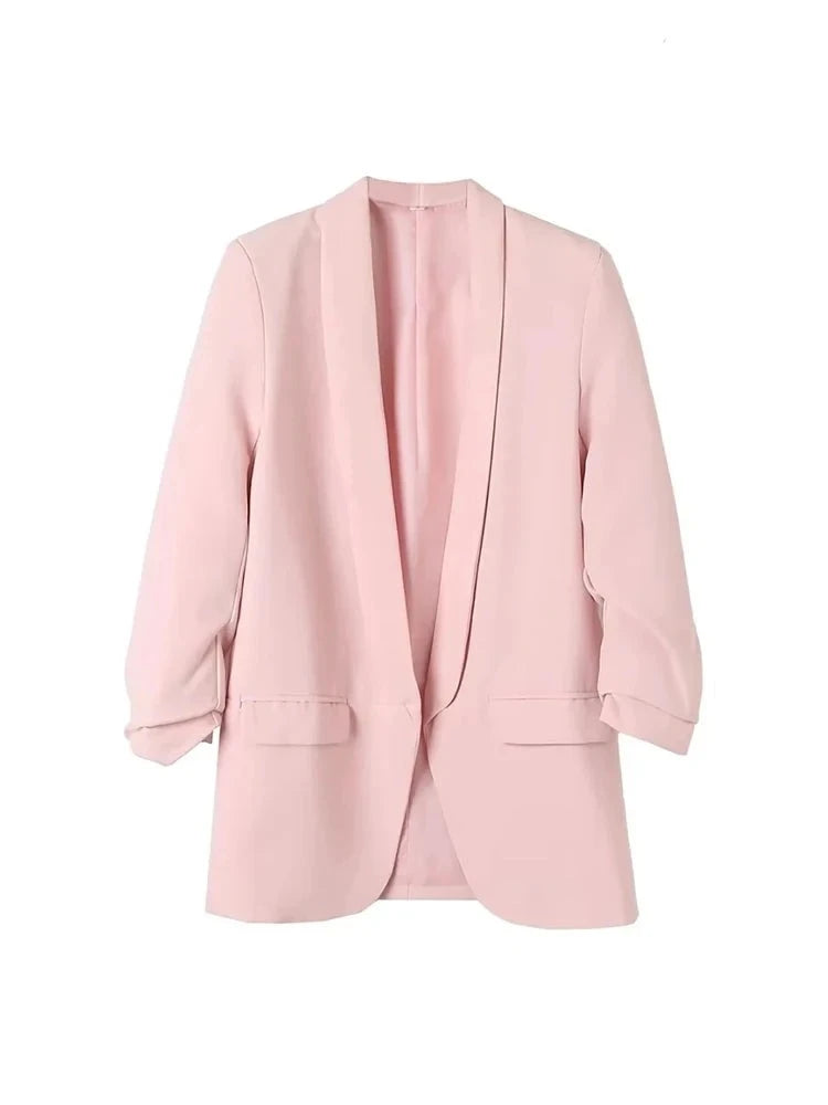 Women Fashion Office Wear Open Blazer Coat Vintage Long Pleated Sleeves Flap Pockets Female Outerwear Chic Tops