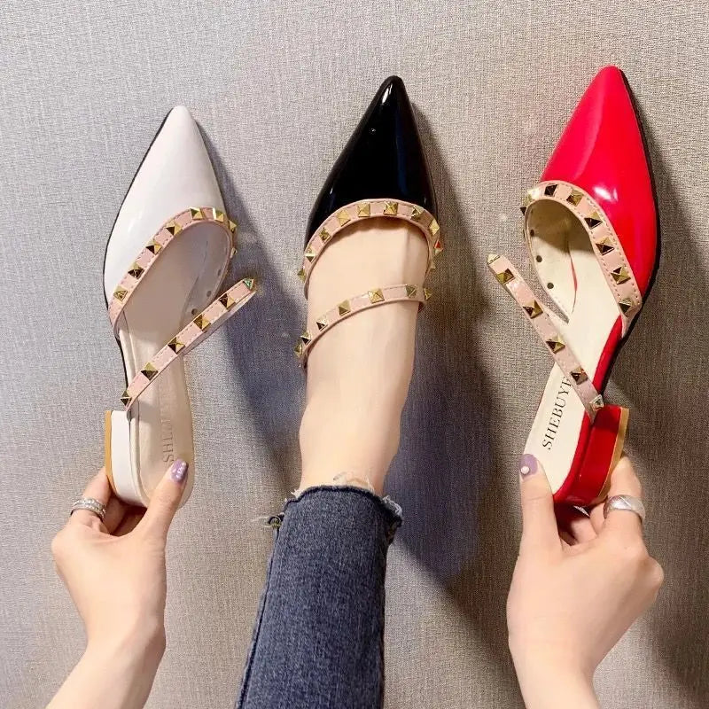 Women High Heels Slides  Sandals Rivets Fashion Pointed Thick Heel Toe Slides