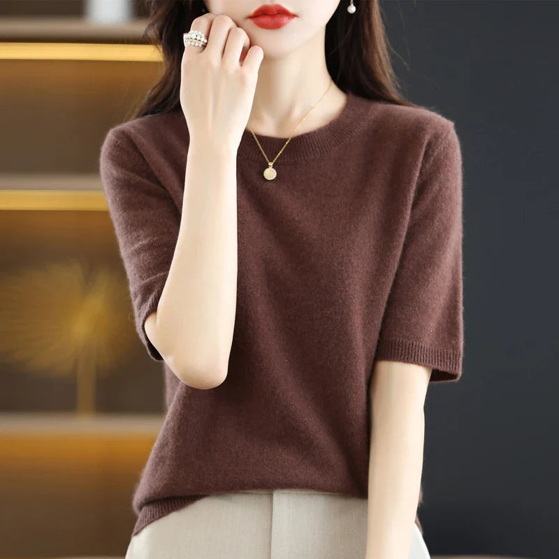 Spring and Summer New Short-sleeved Women O-neck Slim Wool Cotton Blend Pullover Vest T-shirt Knitted Base Sweater-Dollar Bargains Online Shopping Australia
