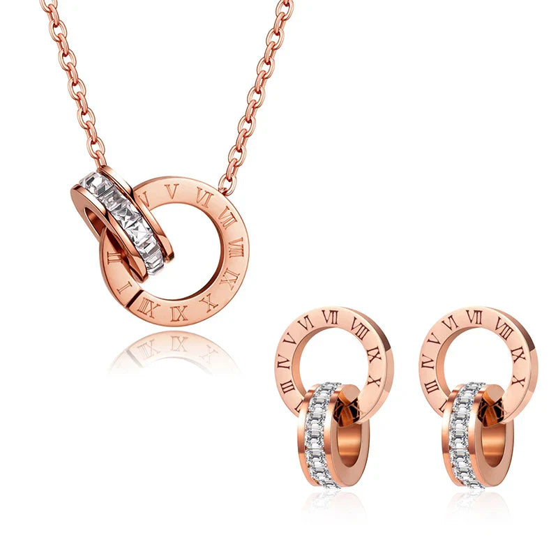 PAXA Classic Roman Numeral Crystal Stainless Steel Earrings Necklace for Women Luxury Elegant Fashion Wedding Party Jewelry Gift-Dollar Bargains Online Shopping Australia