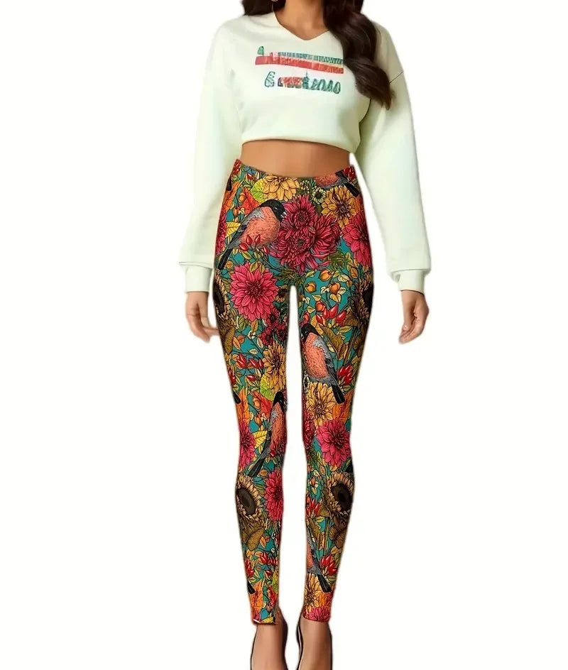 Flower and bird print Rest tight stretch elastic waist comfortable slim fit work daily travel Wearing women's leggings-Dollar Bargains Online Shopping Australia