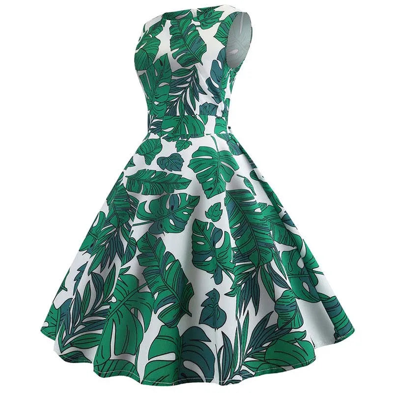 Women Summer Dress Sleeveless Green Leaf Print Midi Dress O Neck Retro Women Summer Dress Sleeveless Green Leaf Print Midi Dress O Neck Retro