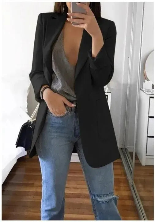 Plus Size Blazer Women Clothing Casual Cardigan Autumn Winter Overcoat Solid Large Topcoat Lapel Jacket Grace Fashion Outer Wear