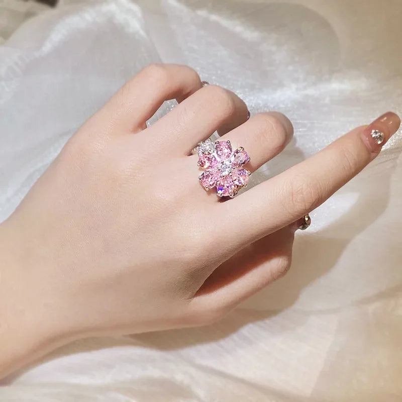 Exquisite Colorful Zircon 925 Silver Ring Women for Ring Fashion Pink Flowers Women's Engagement Ring Party Jewelry Peach