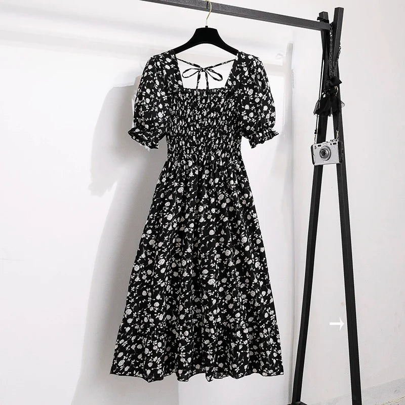 Chiffon Dresses Fashion Female Elastic Waist Short Sleeve Pleated Casual Dress Women A-line Dresses-Dollar Bargains Online Shopping Australia