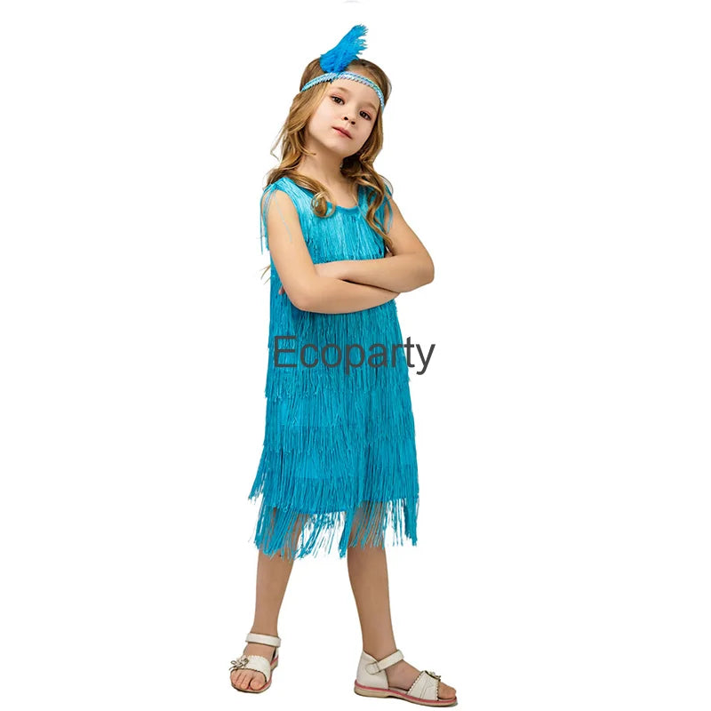 Girls 1920s Flapper Dress Kids Latin Dance Costumes Solid O-Neck Sleeveless Tassel Dress Headwear Set Halloween Party Costume