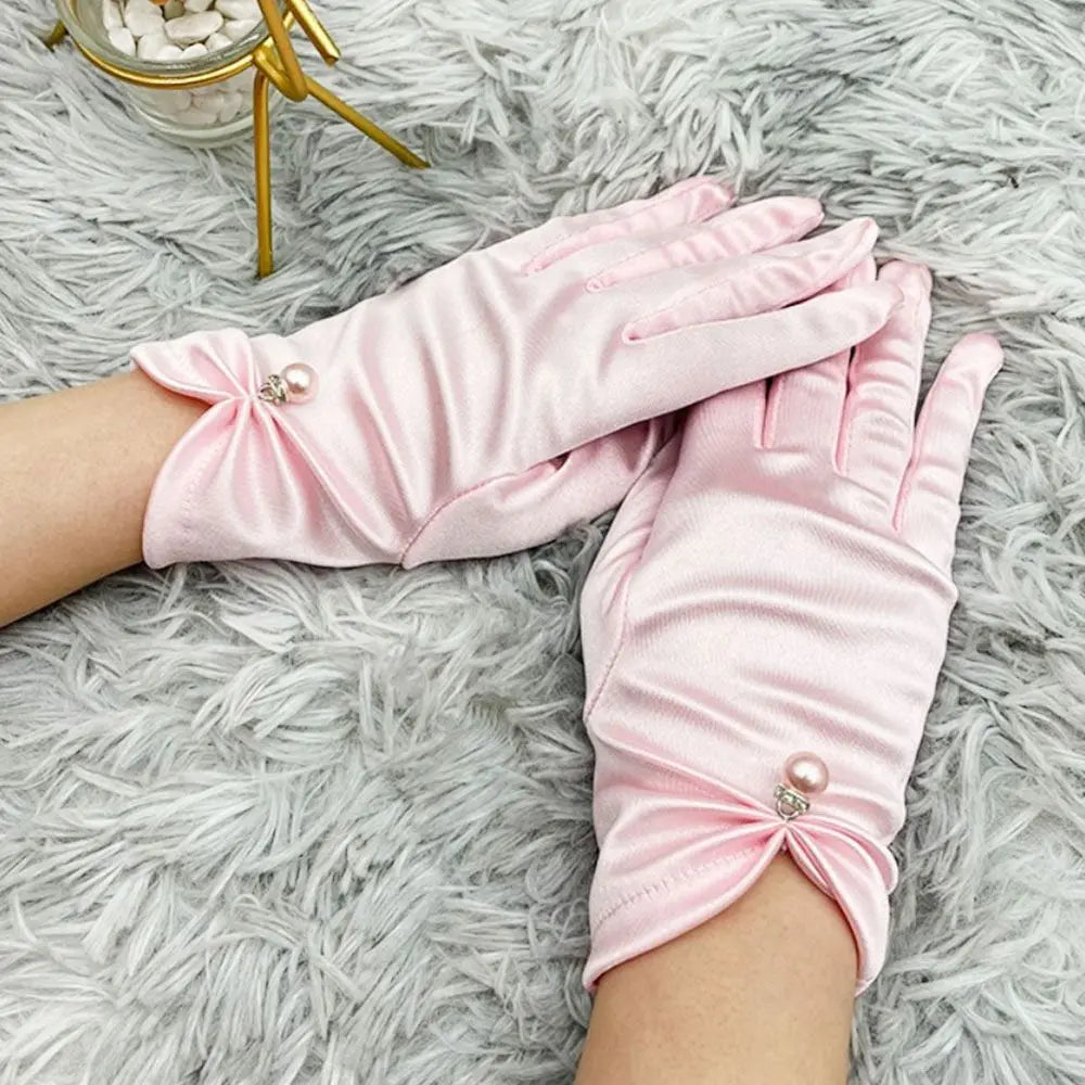Women Wrist Length Gloves Sexy Elegant Pearl Bowknot Short Satin Stretch Gloves for Ladies Girls Hand Gloves Sunscreen