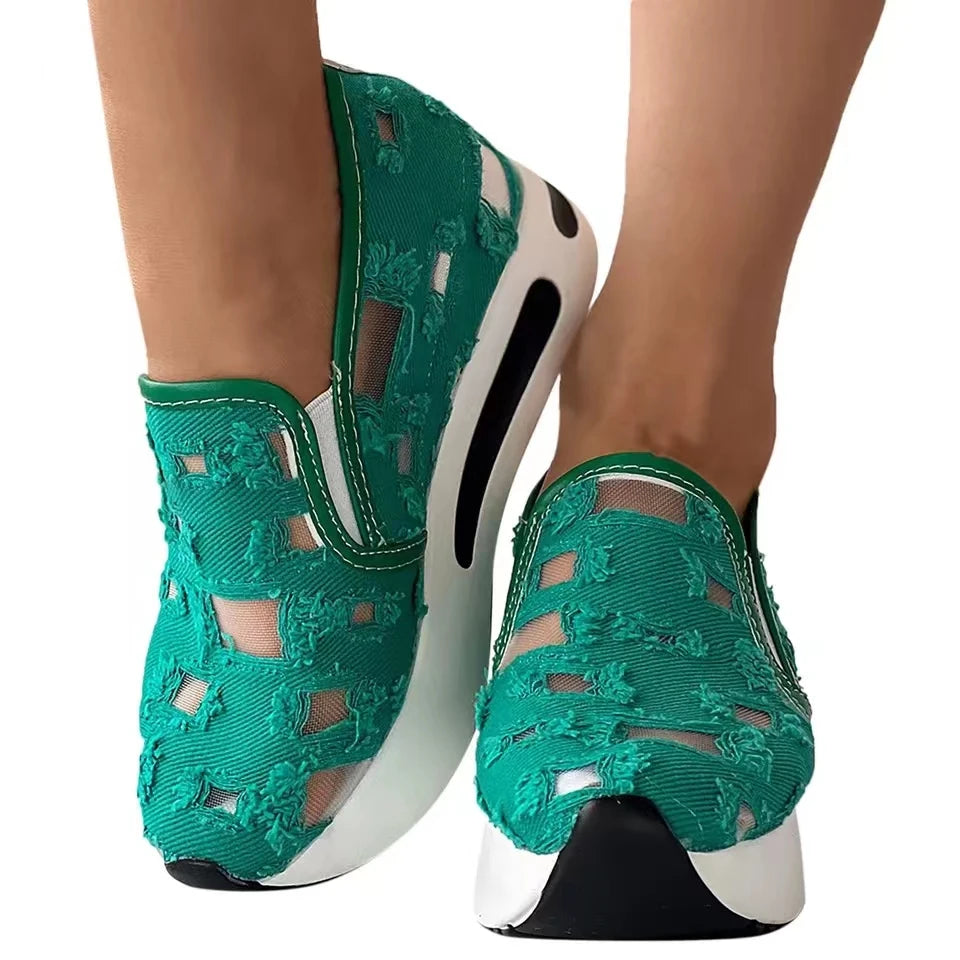 Women's Sneakers Floral Embroidery Mesh Sneakers for Women Slip on Casual Comfy Heeled Shoes Woman