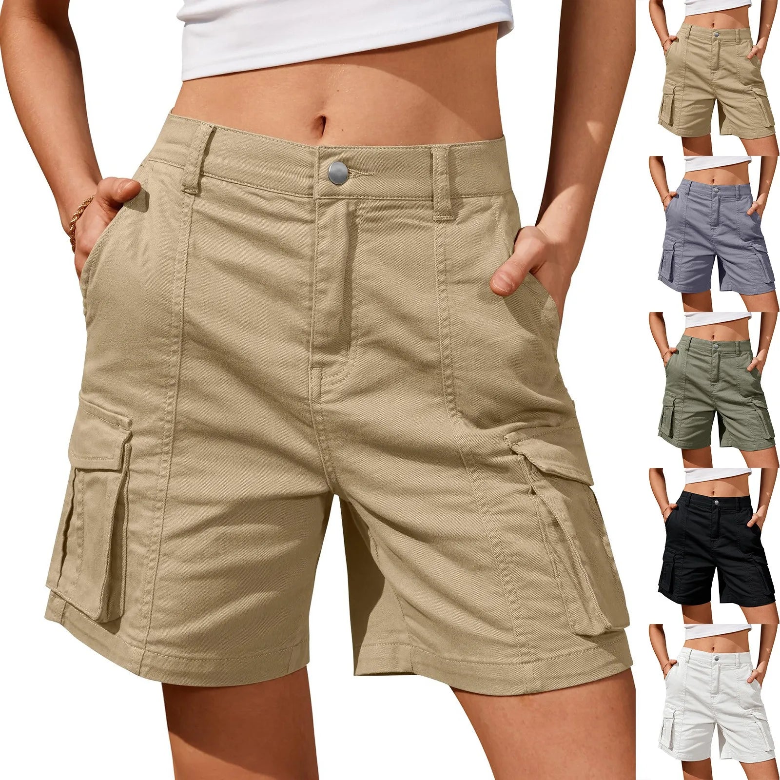 Women Summer Cargo Shorts Solid Casual Pockets Beach Short Pants Short Pants All Match Streetwear Bottoms-Dollar Bargains Online Shopping Australia