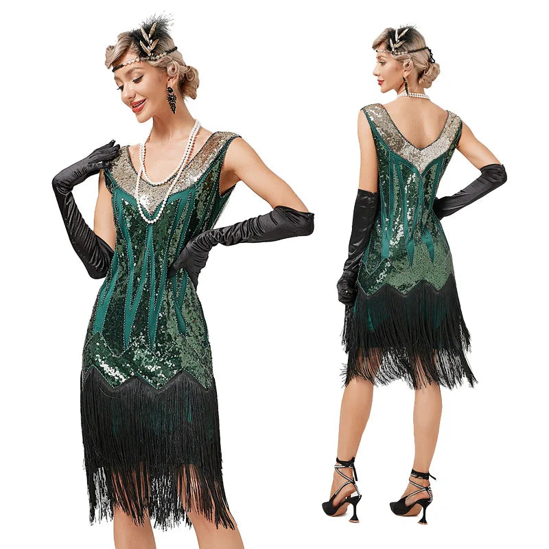 Great Gatsby Cosplay Costume 1920s Flapper  Vintage V-neck Double Tassel Dress Cocktail Party Wedding Sequin Stud Dress
