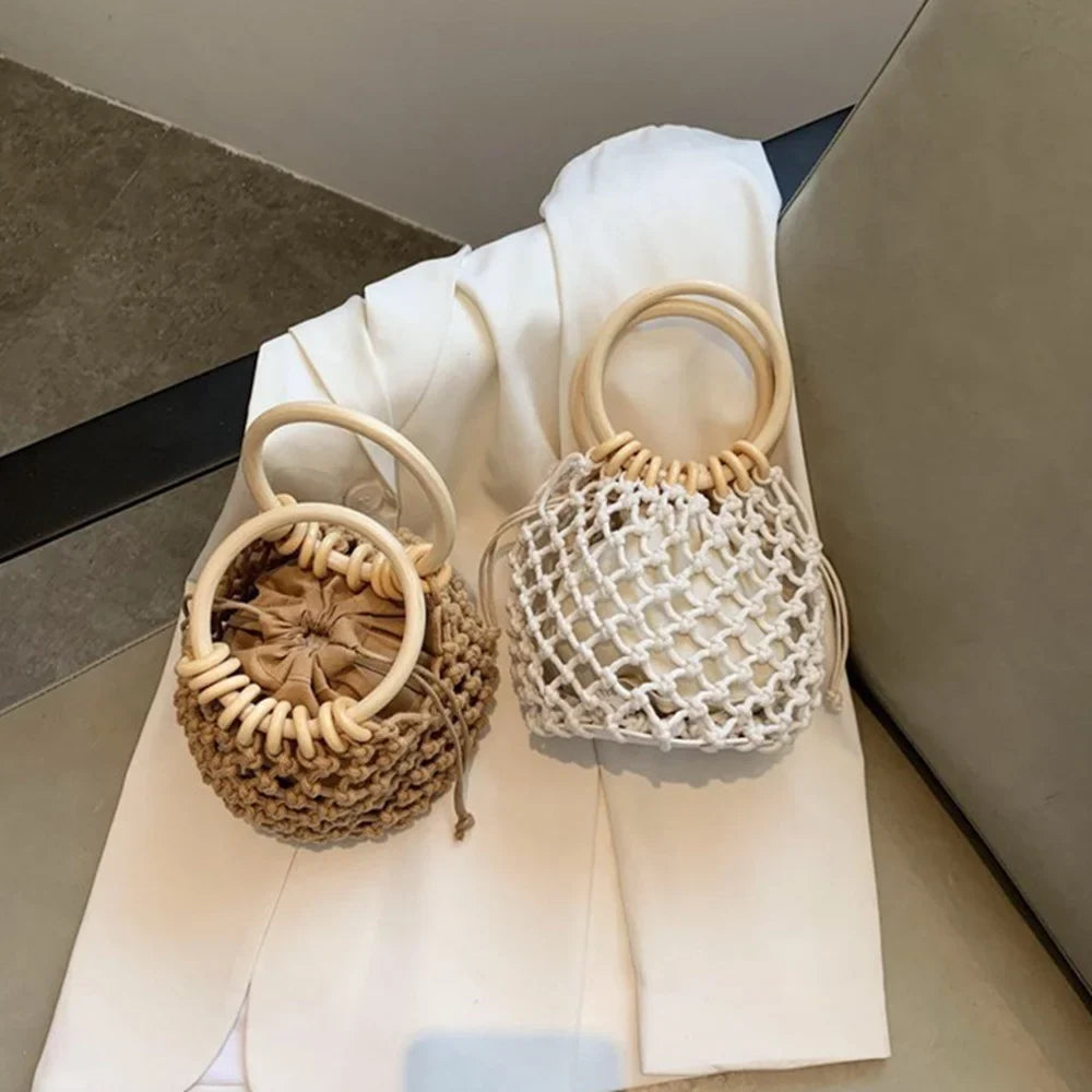 Summer Straw Woven Beach Bag Hollow Fishnet Handbag Women Shoulder Bags Rattan Ladies Purses Fashion Wrist Pack Bucket Tote-Dollar Bargains Online Shopping Australia