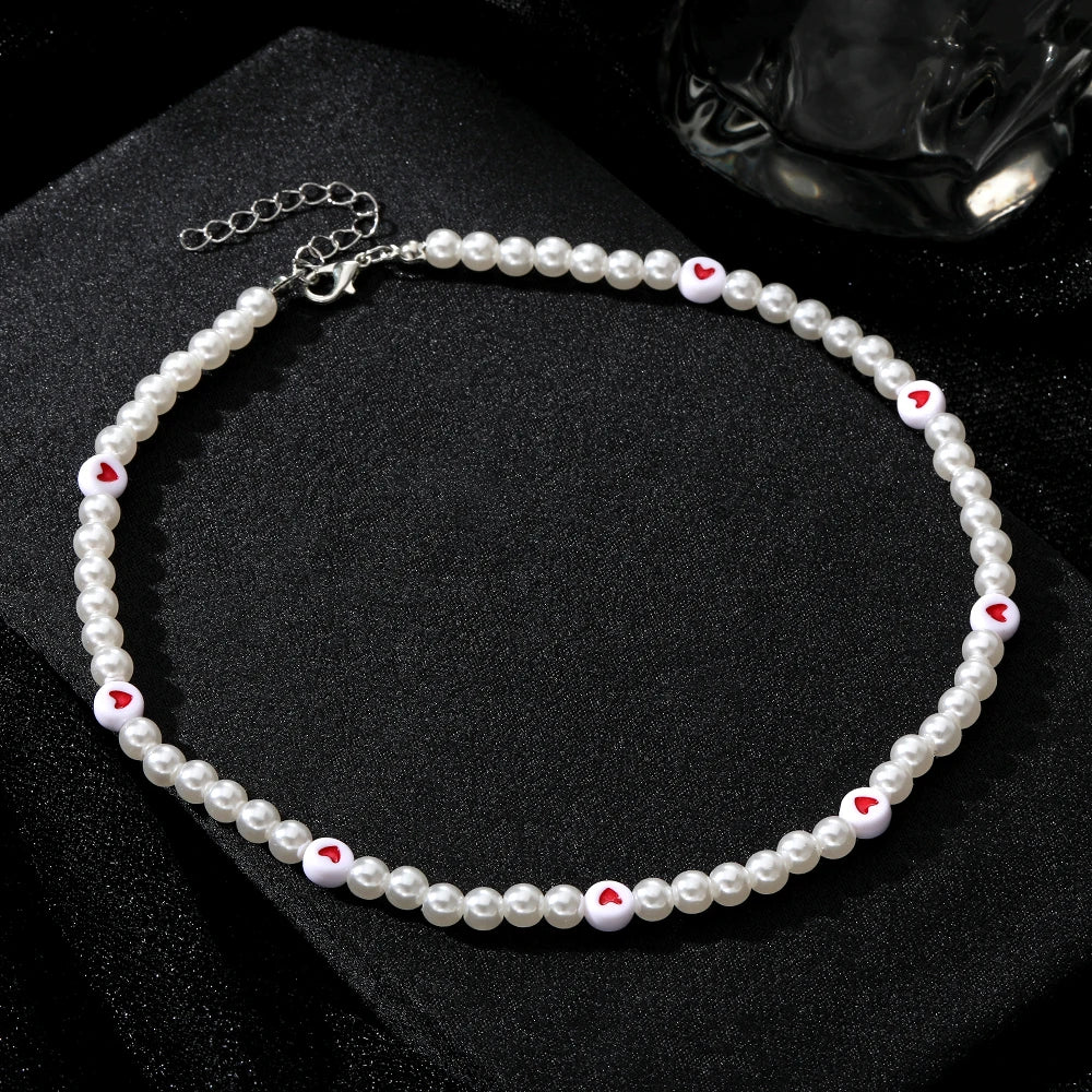 Y2K Artificial Pearls Beads Necklace for Women Girls Red Heart Pendant Cute Love Vintage Choker Necklaces Fashion Jewelry